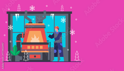 Factory worker managing the heating furnace in cold winter weather Energy concept