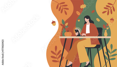 Remote working woman using tablet at a desk with autumnal decor Flat design