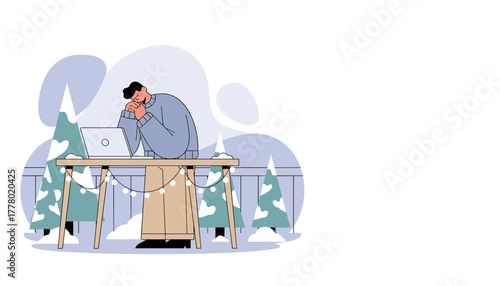 Tired man asleep at laptop working remotely during the winter holiday season feeling burnout