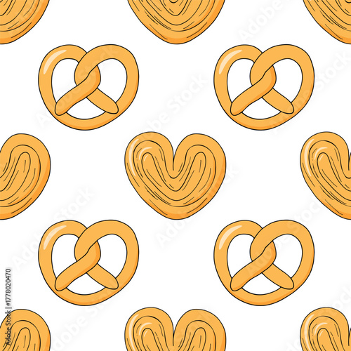 Pretzel, sweet bun, vector illustration, seamless pattern. Traditional pastries, bakery products. Doodle style.