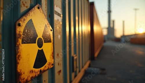 Radioactive hazard sign attached to a container at an industrial site. The yellow warning symbol indicates nuclear material presence. Photo shows risk danger storage safety and environmental concerns.