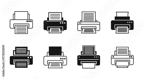 Modern printer icons for office productivity and efficiency solutions, vector design set