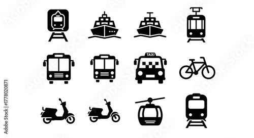 Diverse transportation icons for modern urban mobility solutions and travel infrastructure