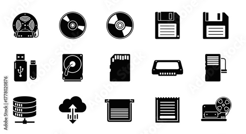 Data storage technology icons collection showcasing different methods for saving information