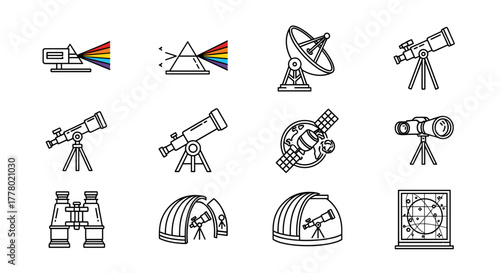 Explore universe icons showing telescopes, satellite, prisms, and binoculars; astronomy science