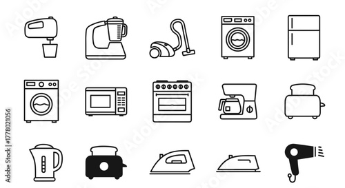 Essential household appliances icons collection for modern home living and convenience needs