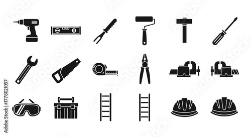 Essential construction tools set for building, home repair, and DIY projects illustration