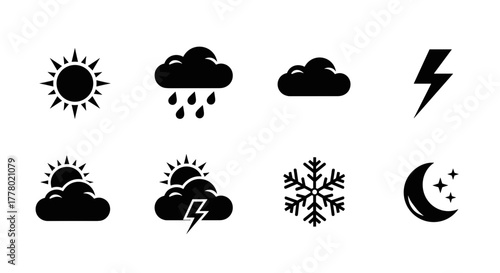 Weather icons forecast sunny, rainy, cloudy, storm, snowy, and nighttime conditions ahead