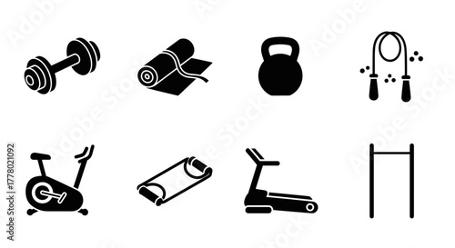Diverse fitness equipment icons for workout routines and healthy lifestyle promotions