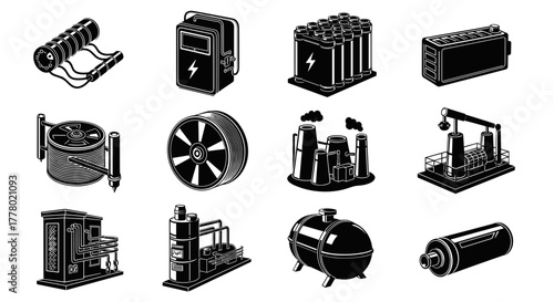 Black and white energy industry icons, renewable power and sustainability symbol set