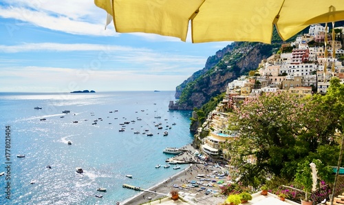 Fotografie View of Positano Italy waterfront from an upper terrace of the town