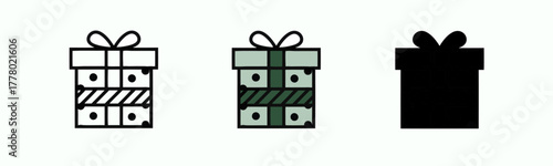 Three simplistic gift box illustrations in black outline and solid fill on white background