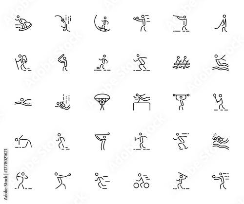Sports icon set. Vector illustration. Includes symbos for jet ski, bungee jumpng, skateboard, boxing, fotball, surfing, swimming, kydiving, gymnastics, archry and more. Editable stroe.