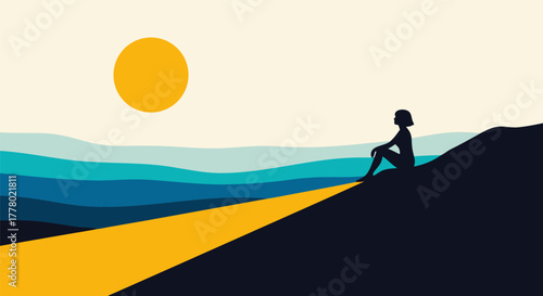 Serene Silhouette Contemplating the Horizon Amidst a Scenic Landscape with a Bright Sun and Blue Waves