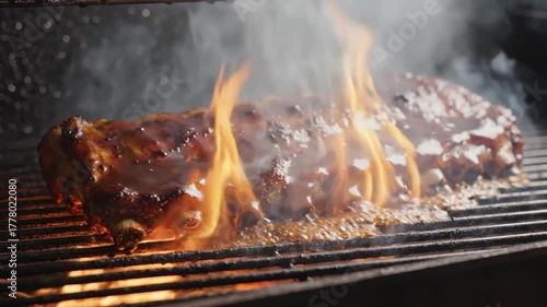 Slow Motion BBQ Ribs Cooking on Flaming Grill