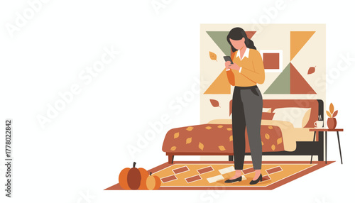Woman checking phone in cozy fall bedroom Seasonal home decor and digital lifestyle