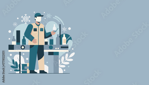 Manufacturing worker checks bottled products on a conveyor line Industrial production illustration