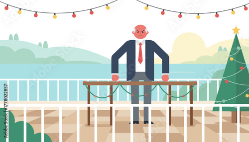 Angry executive on a Christmas balcony feeling holiday stress