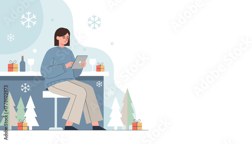 Sad woman using tablet at a holiday bar Winter blues and isolation concept