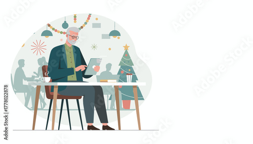 Senior man working on a digital tablet in a festive cafe blending business and holiday atmosphere