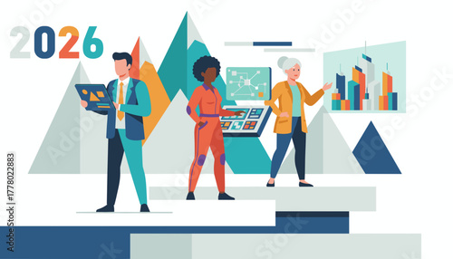 Business professionals collaborate on future technology and strategy goals for 2026