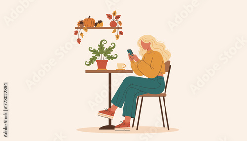 Young woman texting on phone at cafe table decorated for autumn enjoying coffee break