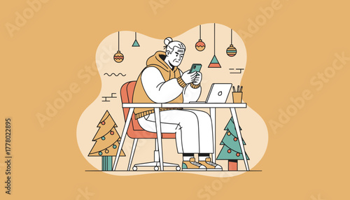 Casual senior working remotely on phone next to Christmas trees during the festive holiday season
