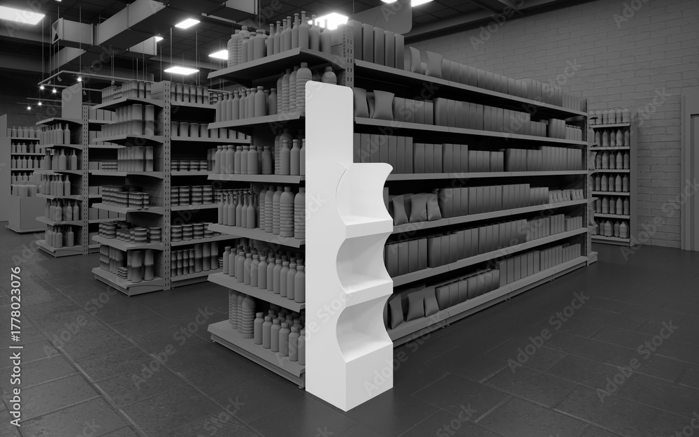 Obraz premium Dark mode 3D supermarket FSDU unit side view 2 mock-up background render