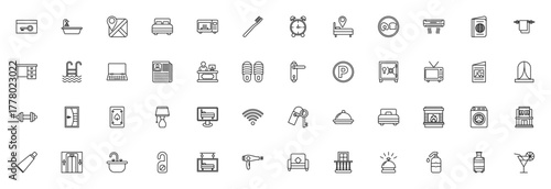 Hotel icon set. Minimal vector line icons pack. Incldes key card, bed, wifi, simming pool, breakfast, elvator, air conditioning an more. Editable stroke.