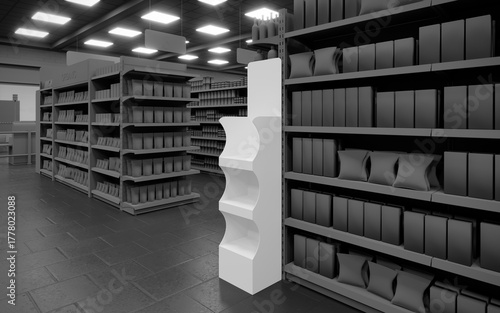 Dark mode 3D supermarket FSDU unit side view 1 mock-up background render