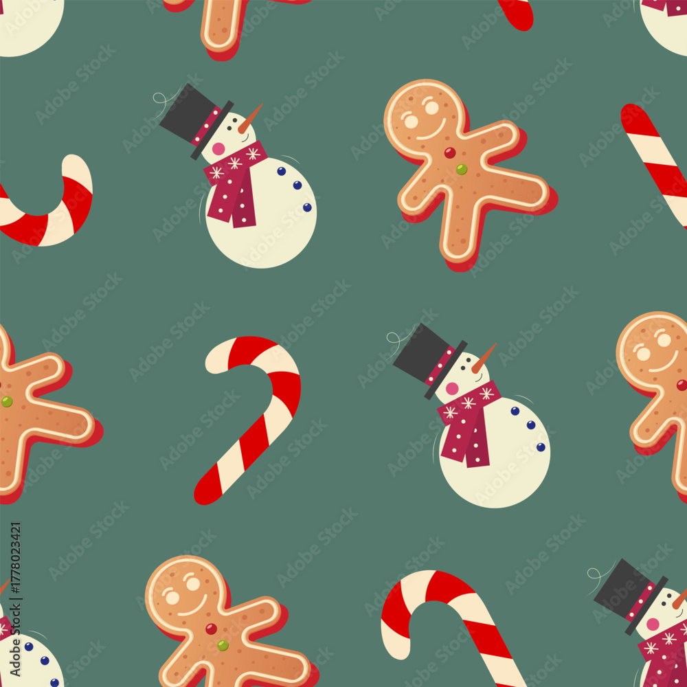 Fototapeta premium Pattern Vector illustration Festive designs display cheerful snowmen with top hats, playful gingerbread men, and striped candy canes on a green backdrop