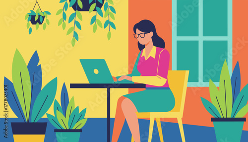 Woman working remotely on a laptop in a vibrant natural plantfilled environment