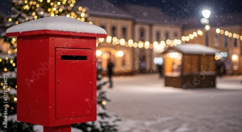 red postbox in snowy town square with festive lights during winter holiday evening