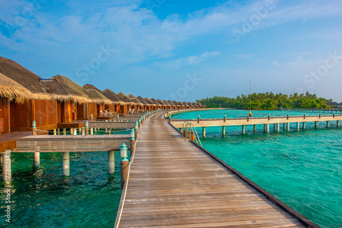 Fototapeta Naklejka Na Ścianę i Meble -  Tranquil closeup calm sea water waves with palm trees. Deck with bungalows. Tropical island beach landscape exotic shore coast. Summer vacation, holiday amazing nature. Relax paradise, Maldives.