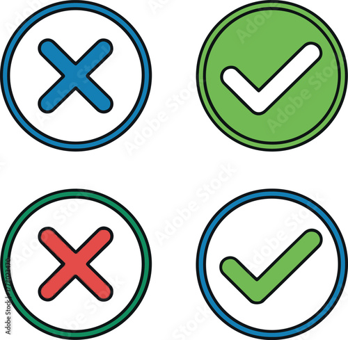 Check and Cross Mark Icons – Correct and Incorrect Symbols for Approval, Denial, or Validation