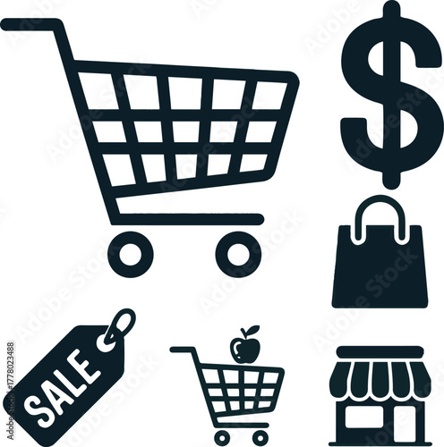 Shopping and E-commerce Icons – Cart, Sale, Dollar, and Store Elements