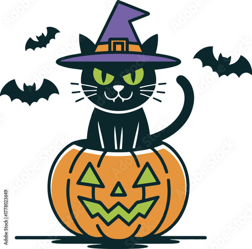 Halloween Cat and Pumpkin Illustration – Witch Cat, Bats, and Jack-O’-Lantern Vector