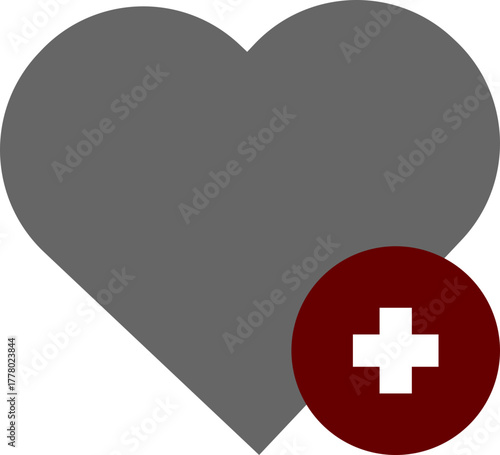 Grey Heart with Medical Plus Sign – Symbol of Health, Care, and Support in Flat Design
