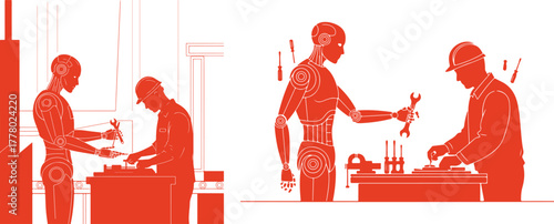 Robot and Human Collaboration in Factory Assembly Orange Silhouettes vector illustration