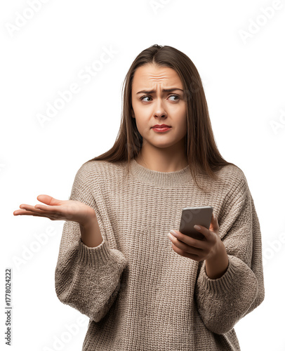 Young Caucasian woman holding smartphone and confused expression, isolated on white or transparent background