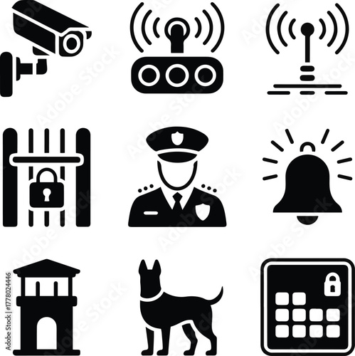 Security and Surveillance Icons – Police, Cameras, and Protection Symbols