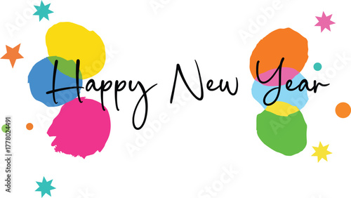 Brightly colored abstract shapes and stars celebrate a joyful happy new year greeting