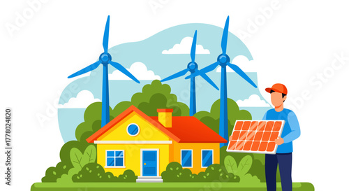 Sustainable Energy Future Solar Panel Installation and Wind Turbines for a Green Home Concept