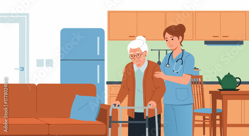 Elderly Woman Assisted by a Caregiver A Scene Depicting Health, Support, and Assistance at Home