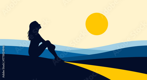Silhouette of a woman contemplating the sunrise on a golden path amidst rolling hills and a bright sun