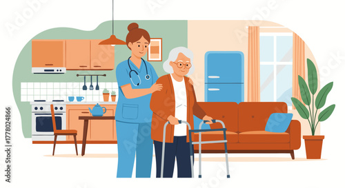 Caring for Elderly Nurse Assisting Senior Woman with Walker at Home