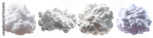 Fluffy white cloudscapes float serenely, dreamy cotton-like formations for creative design projects, ideal for calming visuals and whimsical branding, isolated elements