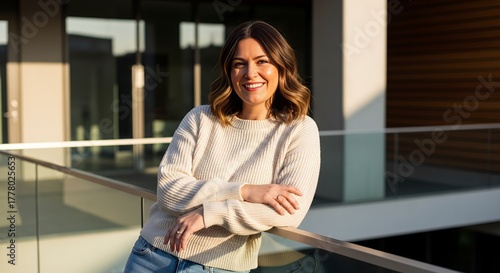 Wallpaper Mural Woman Leaning on Railing Smiling Outside Torontodigital.ca