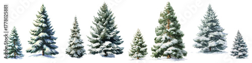 Create a magical winter forest with these snow-covered evergreen trees, perfect for holiday designs, Christmas cards, and winter-themed projects, originally a scalable graphic