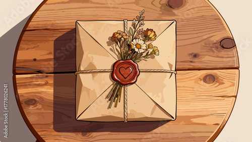 Gift box wrapped with flowers and a heart seal on wooden table  